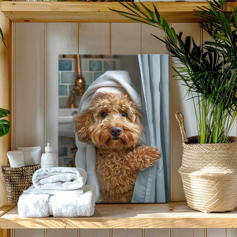 Fun Bathroom Canvas Wall Framed Golden Retriever Poodle Shower Mural Humorous Animal Decorative Painting Printed Poster