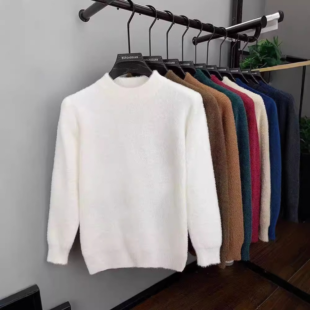 Herrenbekleidung Halber Rollkragenpullover aus Nerzfleece für Herren im Herbst und Winter sowie verdickter Strickpullover aus Samt mit warmem Mittelkragen_voghion.com