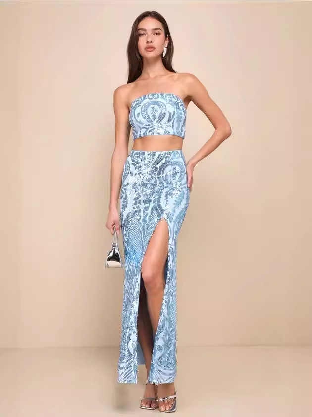 Conjunto de dos piezas de vestido sin tirantes con lentejuelas azul claro brillante y encantador, éxito de ventas transfronterizo en Europa y América (2 colores).