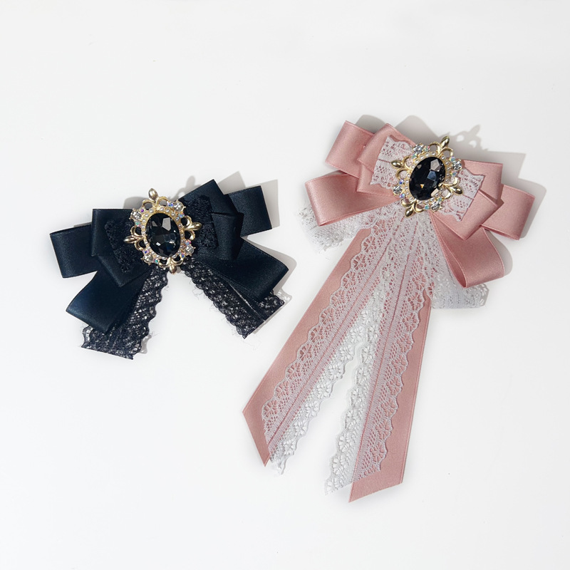 Customized Cross-Border European and American British Retro Bow Brooch with Gem Collar Flower Lace Small Fragrant Neckline Decoration