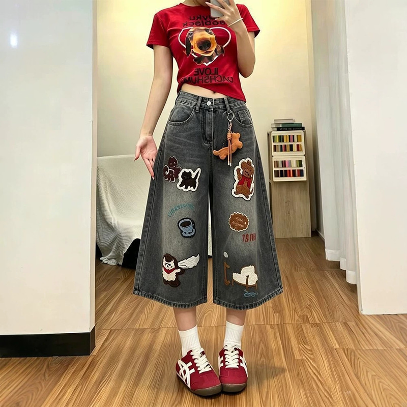 Trendy Carp Design Patchwork Cartoon Embroidery Denim Cropped Pants for Women, Summer Loose Wide-Leg Versatile Straight Pants Trendy Carp Design Patchwork Cartoon Embroidery Denim Cropped Pants for Women, Summer Loose Wide-Leg Versatile Straight Pants