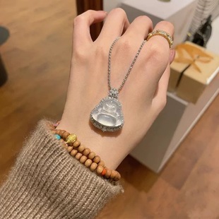 Jade Pendant Inlaid with White Ice Translucent Jade Laughing Buddha Pendant Chain Neck Ornament for Women Buddha Maitreya Buddha Jade Jade Treatment Necklace