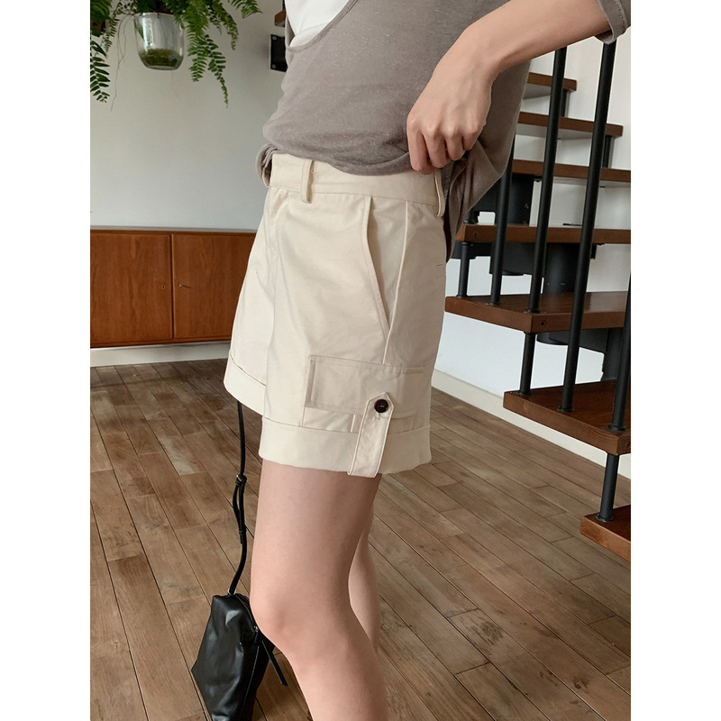 Yienou Inbyin High-Waisted Cargo Shorts for Women, Summer Petite Style, Rolled Hem, Loose Wide-Leg Casual Pants