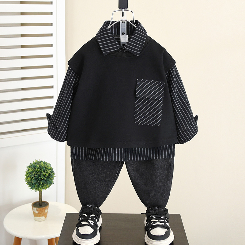 5991 Traje de otoño para niños 2024 Nuevo estilo Cool y guapo Camisa a rayas para bebés Chaleco de dos piezas Primavera y otoño para niños