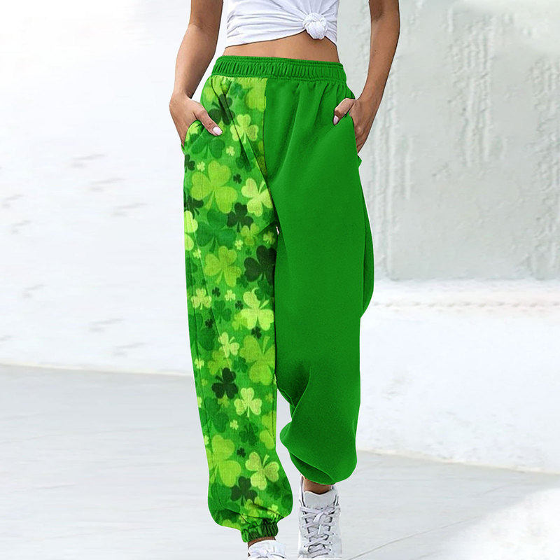 2024 new fashion trend hot sale Sports Leisure early spring green clover print Loose Women's sports pants