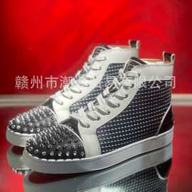 cl andgz男鞋千鸟格纹银钉高帮红底鞋铆钉女鞋情侣休闲板鞋短靴