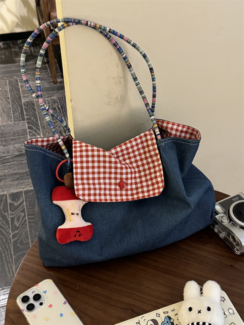 Denim colorful rope large shoulder bag + apple pendant