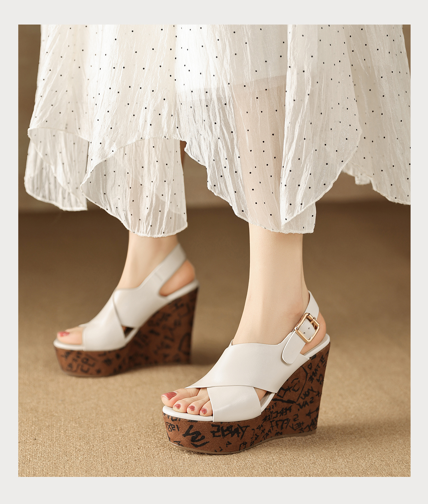 Sandal cao gót nữ mũi hở quai chéo đế xuồng platform gót 9 cm — màu đen, màu trắng ngà chi tiết 11