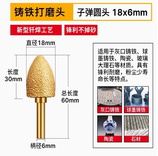 ダイヤモンド研削ヘッド、鋳鉄研削ヘッド、石材研削棒、ハンドグラインダー、ろう付け合金研削ヘッド、金属研削加工品|undefined