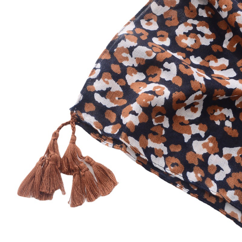 Retro artística fotografía de viajes cóncavo convexo chal naranja leopardo estampado algodón y lino sensación borla bufanda de las mujeres