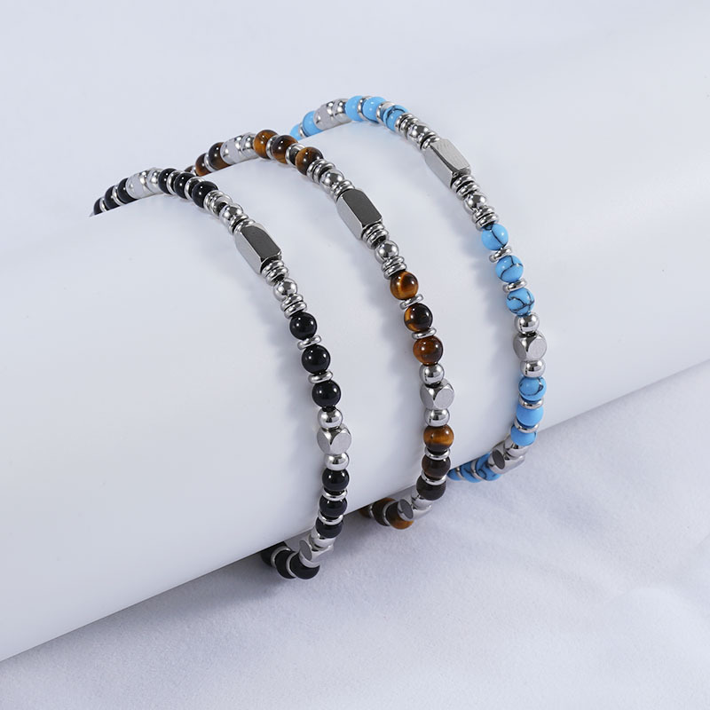 高端天然石手链不锈钢黑曜石手链时尚蓝松石手链手工虎眼石手链