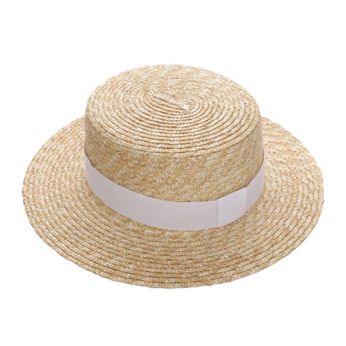Flat-topped straw hat for women, summer casual vacation beach hat, wheat straw sun hat, British-style top hat