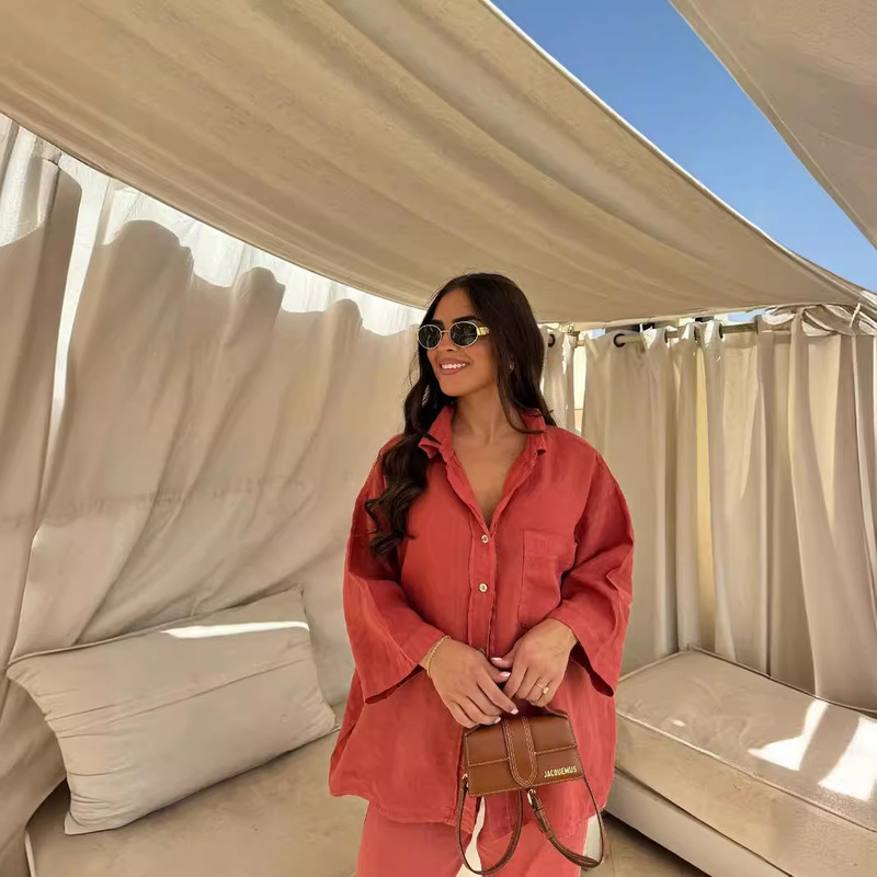 2024 New Summer and Autumn European and American Cotton and Linen Women's suit Fashion Elegant Commuter Foreign Trade Shirt Two-piece Set for Women 2024 New Summer and Autumn European and American Cotton and Linen Women's suit Fashion Elegant Commuter Foreign Trade Shirt Two-piece Set for Women