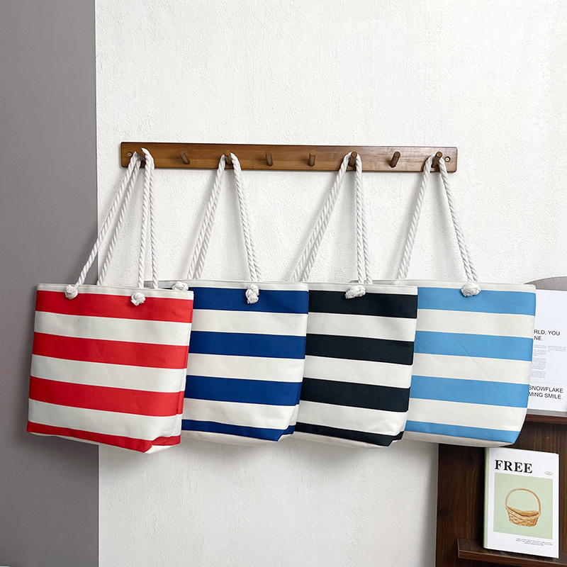 Cross-border women's striped canvas tote bag, large capacity, shoulder bag, commuter style, fashionable Korean design, versatile, popular style