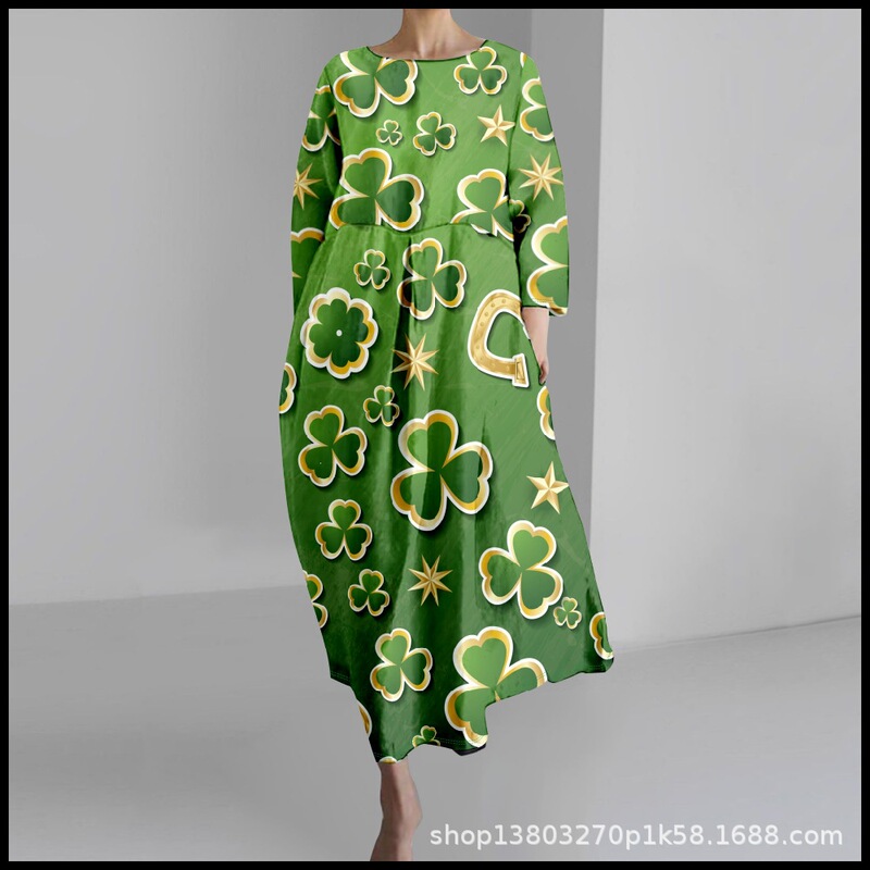 2025 Cross-Border Women's Casual Three-Quarter Sleeve Dress with St. Patrick's Theme Clover 3D Print for Summer