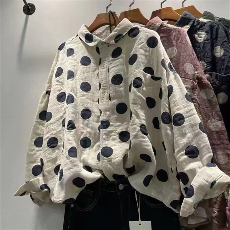 Vintage Artistic Double-layer Cotton Dot Shirt Women's Spring New Loose All-match Age-reducing Japanese Style Lapel Top for Women