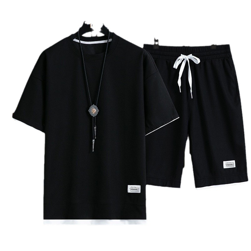Waffles Shirt Less Clothing Sports Casual suit Men's in stock Wholesale Hong Kong-style Loose Two-piece Short-sleeved Shorts