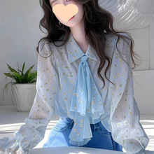 春装2025新款小衫设计感蓝色碎花衬衫女款高级感轻奢气质减龄洋气