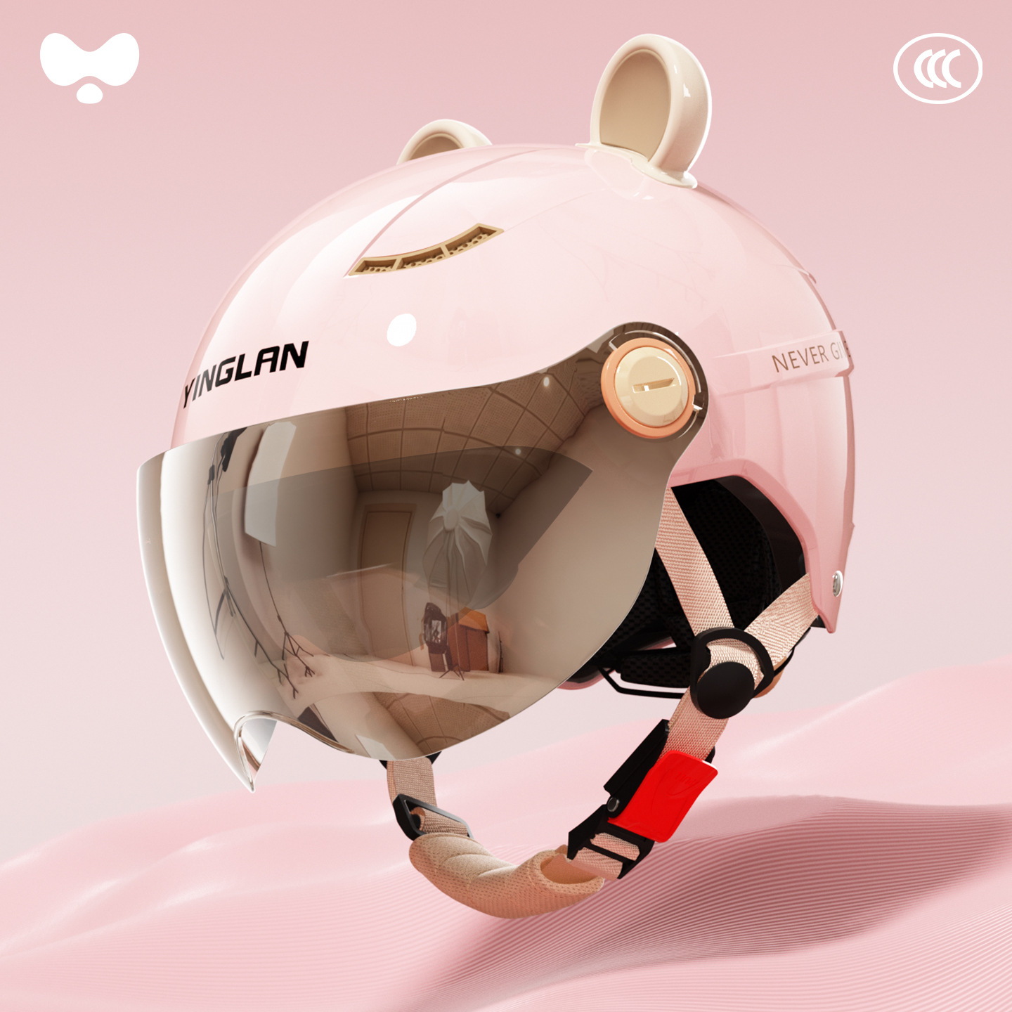 Electric Vehicle Women's, Universal Motosiklet kaskı (dəbilqə) - 3c-cherry-blossom-pink-electroplated-outer-short-double-mirror-class-a-new-national-standard