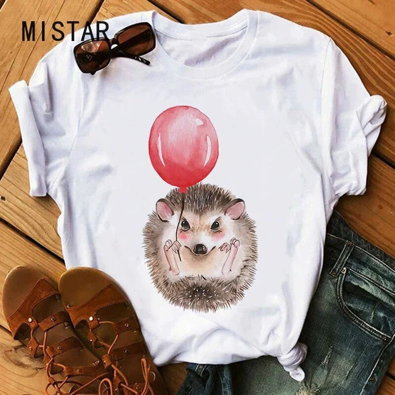 Cute Hedgehog T-Shirt, Little Hedgehog Cute European American Style Round Neck T-Shirt, Oversized T-Shirt