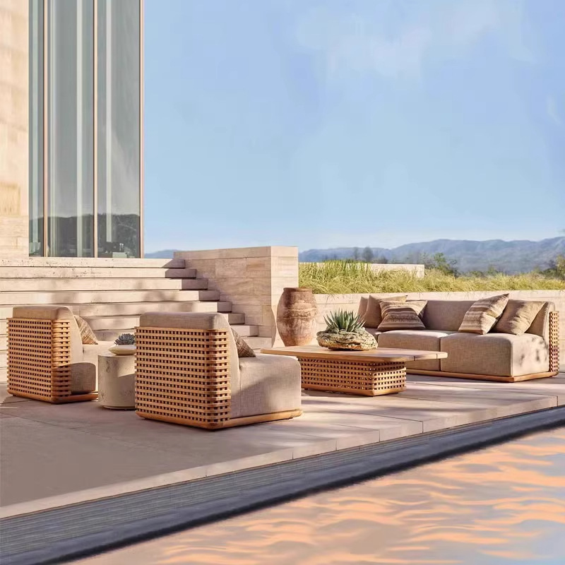 Sofá de teca de alta gama al aire libre villa patio silla de madera sólida al aire libre hotel al aire libre combinación de muebles impermeables