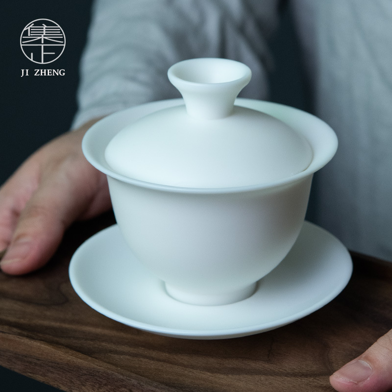 Unglazed Mutton-fat Jade Porcelain Sancai Covered Bowl Single Dehua White Porcelain Kung Fu Tea Set Ceramic Tea Brewing Bowl Tea Serving Bowl