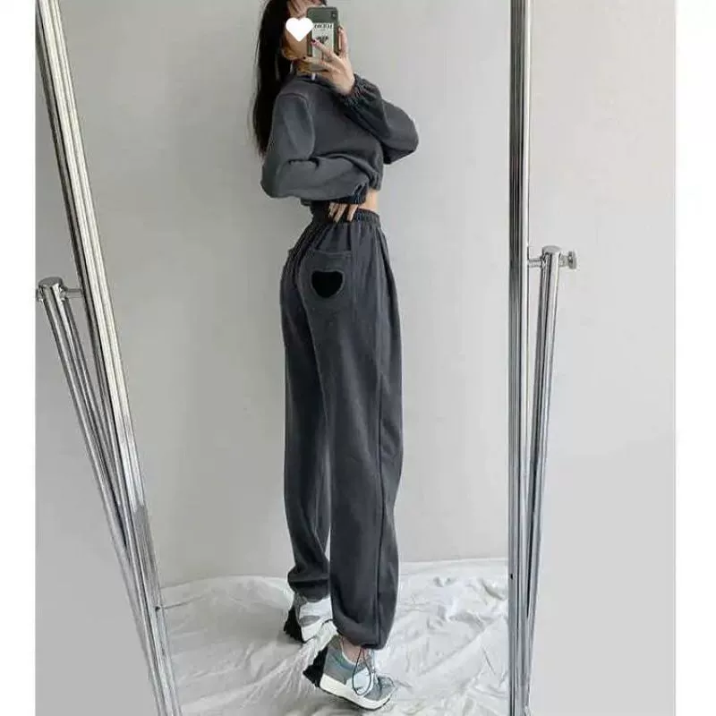 Autumn trousers for leisure, fitted, drawstring, loose straight fit