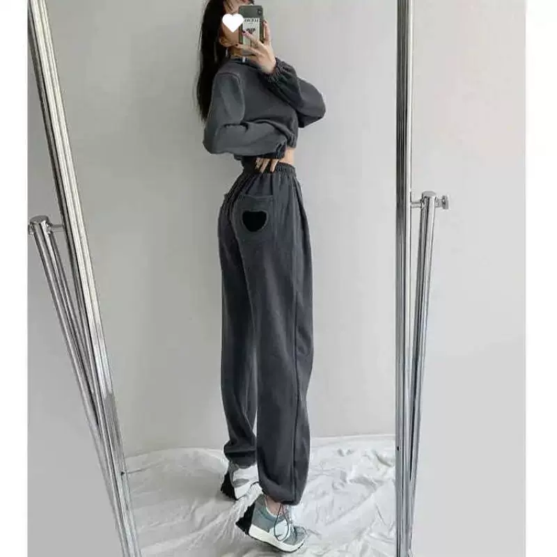 Autumn trousers for leisure, fitted, drawstring, loose straight fit