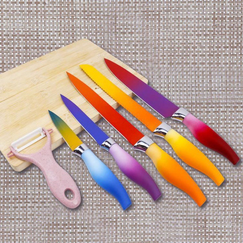 Fábrica de comercio exterior venta caliente suministro de nuevos cuchillos de acero inoxidable de cocina color gradiente mango de abdomen de seis piezas conjunto de herramientas