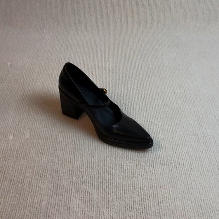 [in Stock] Elegant Genuine Leather High-Heeled Mary Jane Shoes for Women, Pointed Toe, Vintage Simple Versatile Chunky Heel Pumps