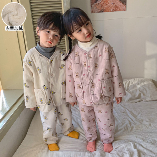 Children's Pajamas Autumn and Winter Thickened Boys' and Babies' Plush Suits  New Little Boys and Girls' Home Clothes
