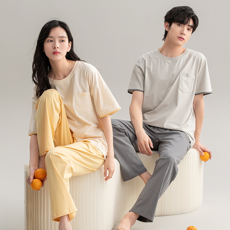 Pijamas de pareja de verano, algodón puro, manga corta, pantalones largos, estilo veraniego para hombre y mujer, estilo nuevo y sencillo para el hogar, estilo primavera y otoño 2025