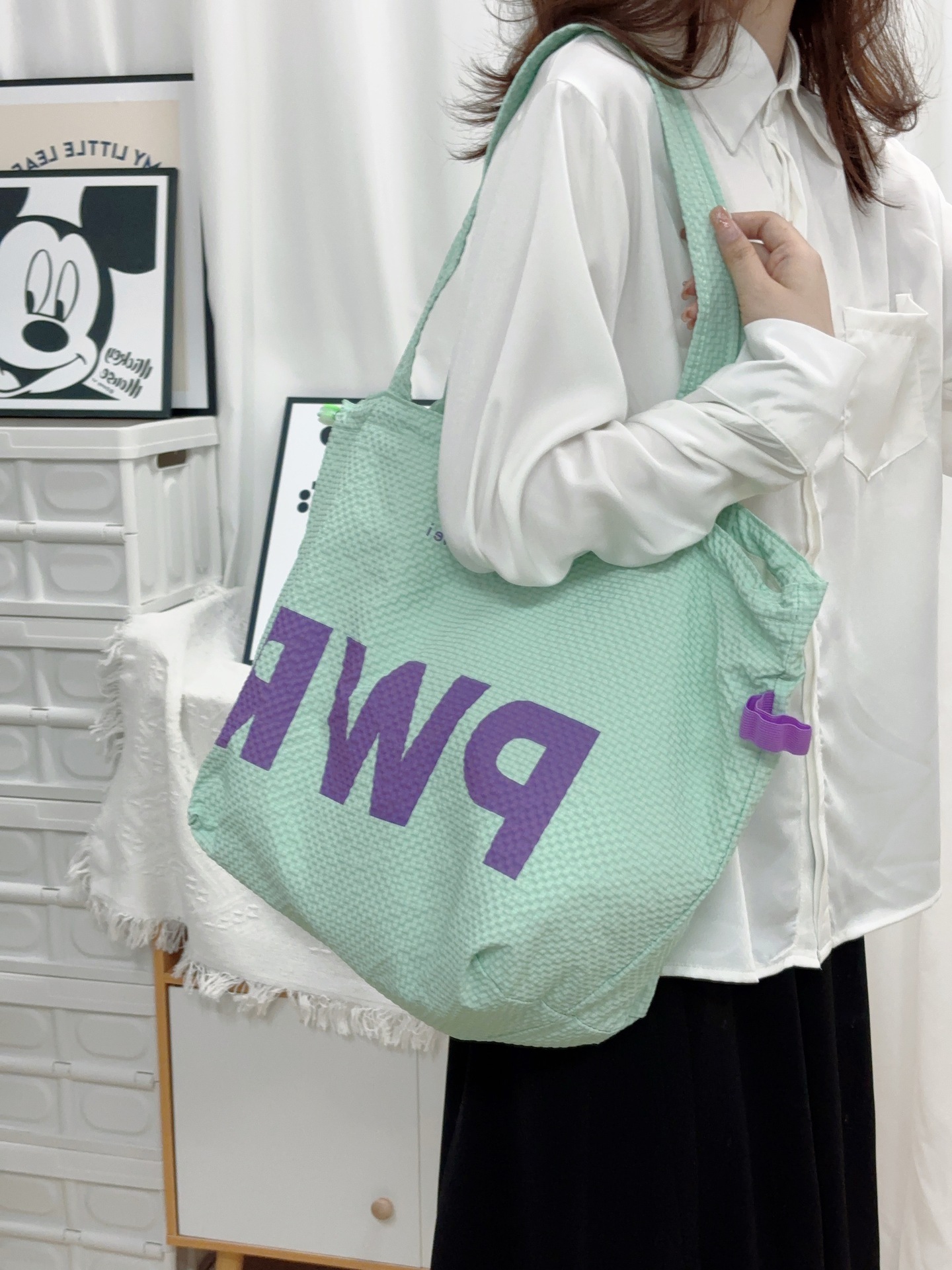 2024 New Summer Drawstring Waterproof Nylon Tote Bag Korean Style Simple Letter Fashionable Canvas Shoulder Handbag
