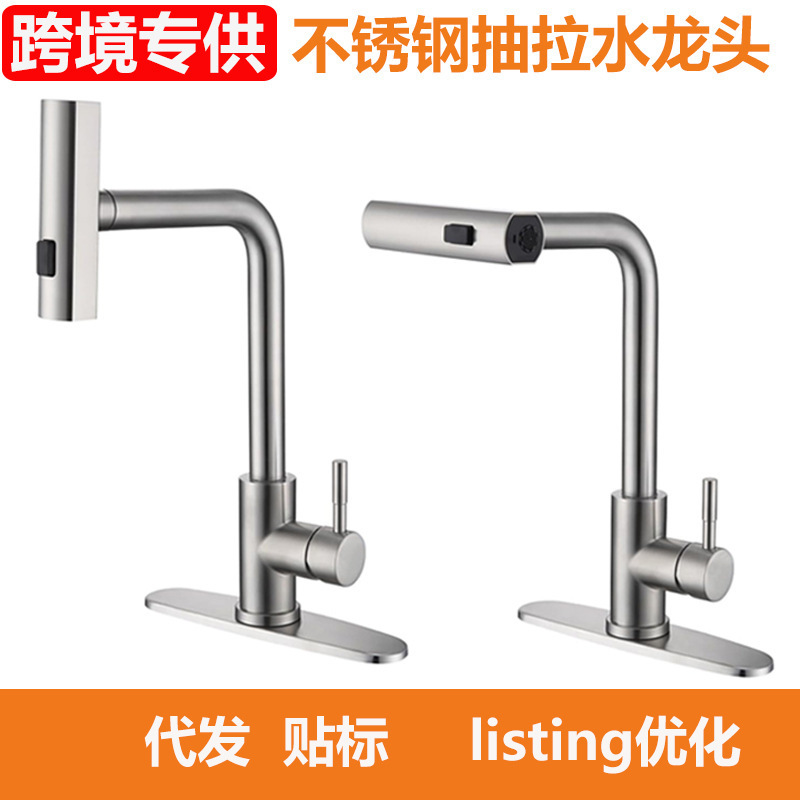 Cross-Border 304 Stainless Steel Pull-Out Faucet Kitchen Hot and Cold Rain Pull-Out Rotating Telescopic Sink Faucet