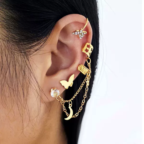 Cross-border New Full Diamond Butterfly Ear Clip 4-piece Set Creative Personalized Golden Star Moon C- type Ear Clip