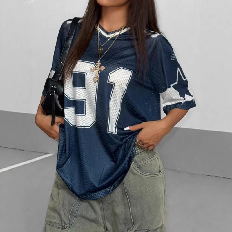 Number 91 T-Shirt American Retro Breathable V-Neck Women's Jersey Loose Casual Sports Top