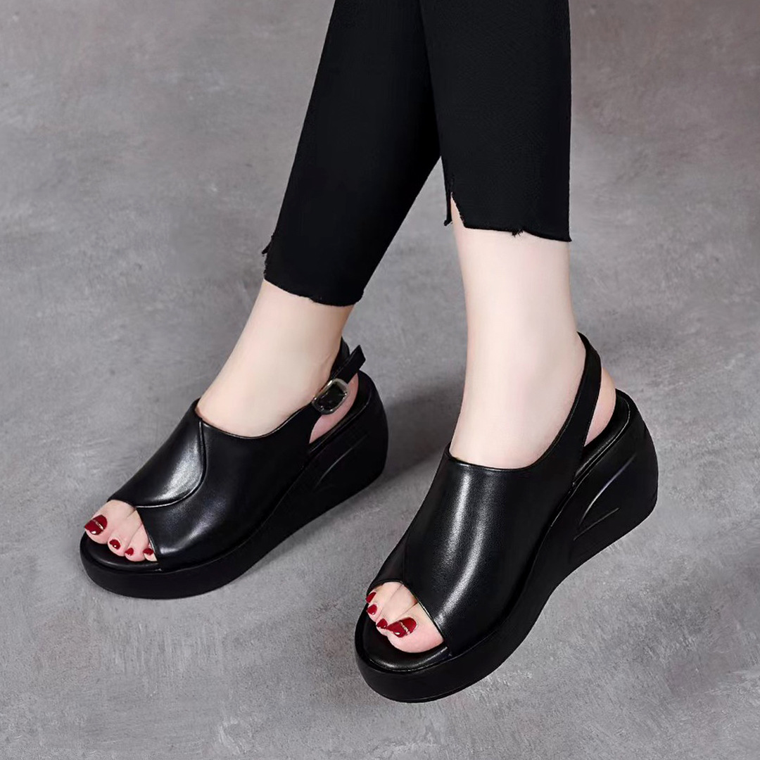 Sandal nữ đế xuồng da thật, đế mềm, quai đơn, hở mũi, gót cao 9 cm — Màu đen