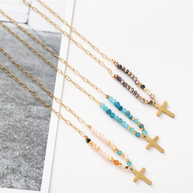Stainless Steel, Beaded Material Cross Pattern Ethnic Style Cross Stainless Steel Beaded Plating 14k Gold Plated Pendant Necklace