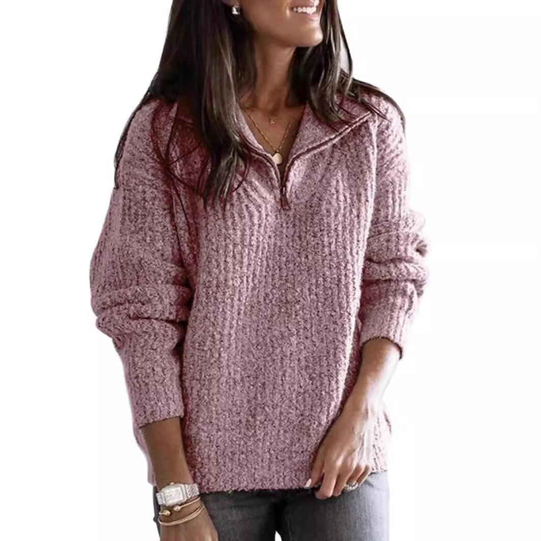 Autumn And Winter Zipper Pullover Long-Sleeved Knitted Sweater Sweater Coat For Women_ecoleips.com