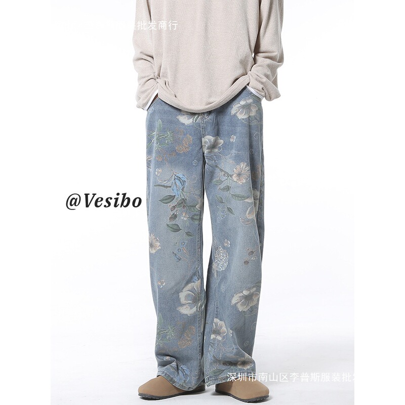 Xiaozhong High Street Printed Jeans Men's American Style Hip-Hop Straight Pants cleanfit Trendy Brand Wide Leg Pants Men's Xiaozhong High Street Printed Jeans Men's American Style Hip-Hop Straight Pants cleanfit Trendy Brand Wide Leg Pants Men's