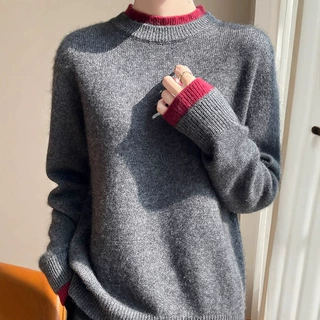 新款宽松羊毛衫女拼色圆领加厚秋冬慵懒假两件打底针织衫毛衣
