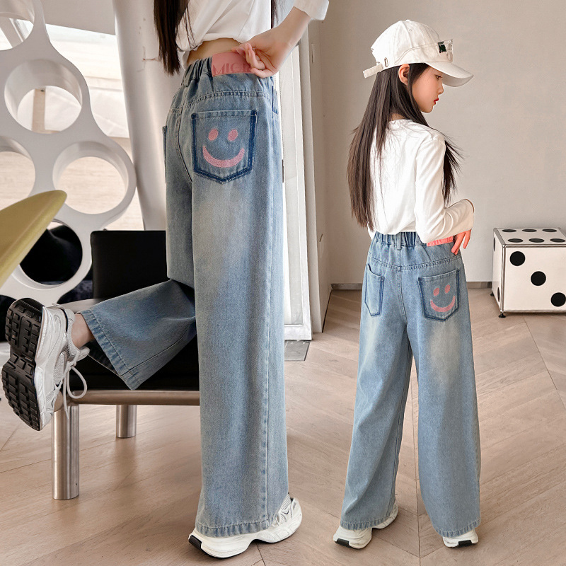 Girls' jeans spring and autumn for big kids, spring wide-leg pants, spring Korean fashion, fashionable, loose spring clothes children's pants 