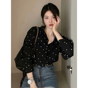 เสื้อเชิ้ตรัดทอนแขนยาว oversize สำหรับผู้หญิง สไตล์เกาหลีย้อนยุคลายจุดลำลอง