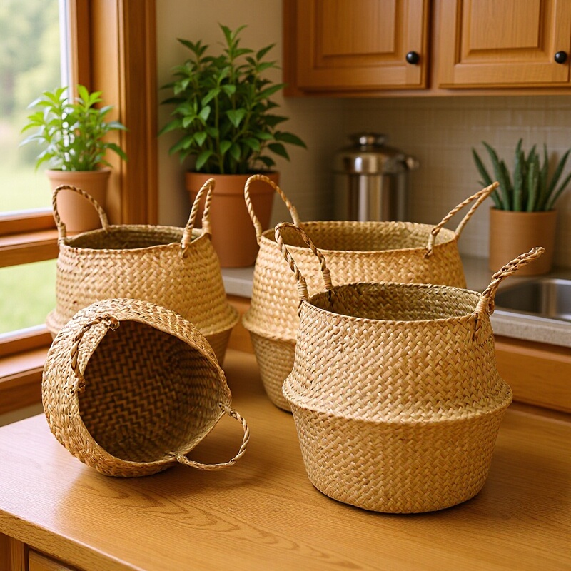 Indoor Flower Basket, Satchel Woven Basket, Flower Pot, Straw Woven Bamboo Woven Plant, Straw Woven Floor-Standing Foldableing Straw Woven Bag Basket Woven