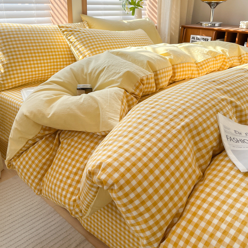 Juego de cuatro piezas de algodón lavado teñido en hilo para estudiantes 2025 nuevo juego de sábanas de edredón de dormitorio de estudiantes de tres piezas