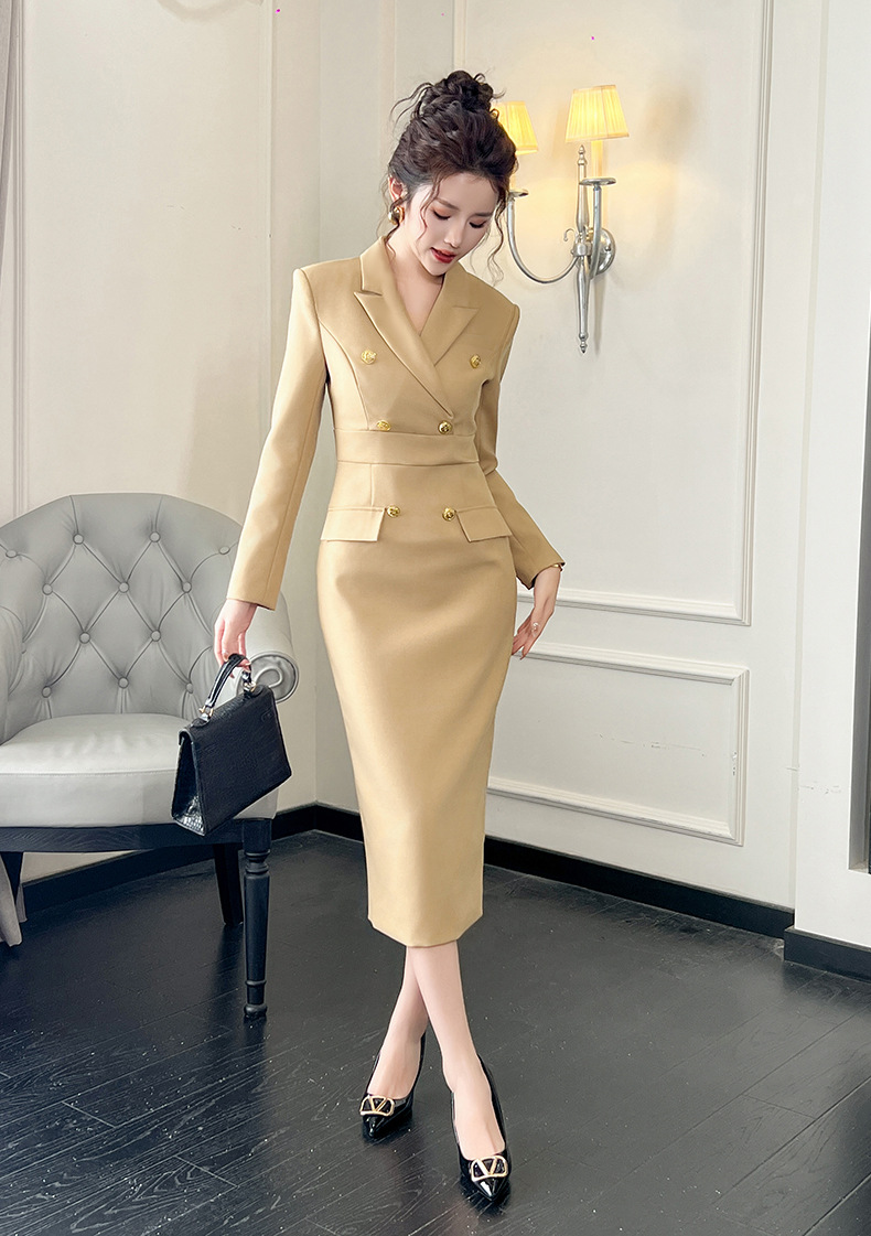 Đầm bodycon công sở cổ vest ôm eo chân váy dài — Màu vàng camel chi tiết 12