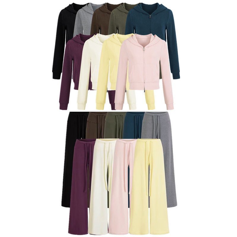 Hot Girl Short Slim Fit Zipper Cardigan Long-Sleeved Hooded Sweatshirt with Low-Waist Drawstring Straight Casual Pants Suit for Women Autumn