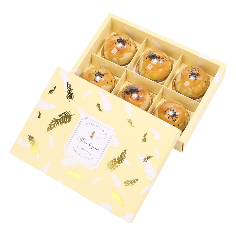 Pluma amarilla dorado 80g caja de pastel de Luna yema de huevo crujiente caja de embalaje 6 piezas de nieve caja de belleza tapa caja de regalo