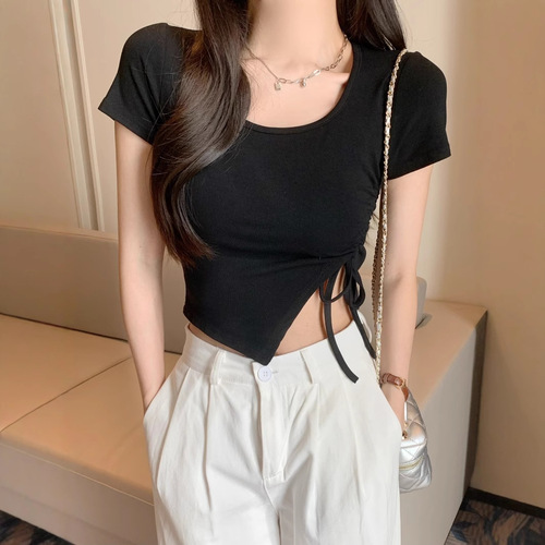 Summer Tight Short Sweet and Spicy Sister Revealing Navel Drawstring Slit Asymmetrical Square Collar Short-Sleeve T-Shirt for Women, Ins Pure Desire Top