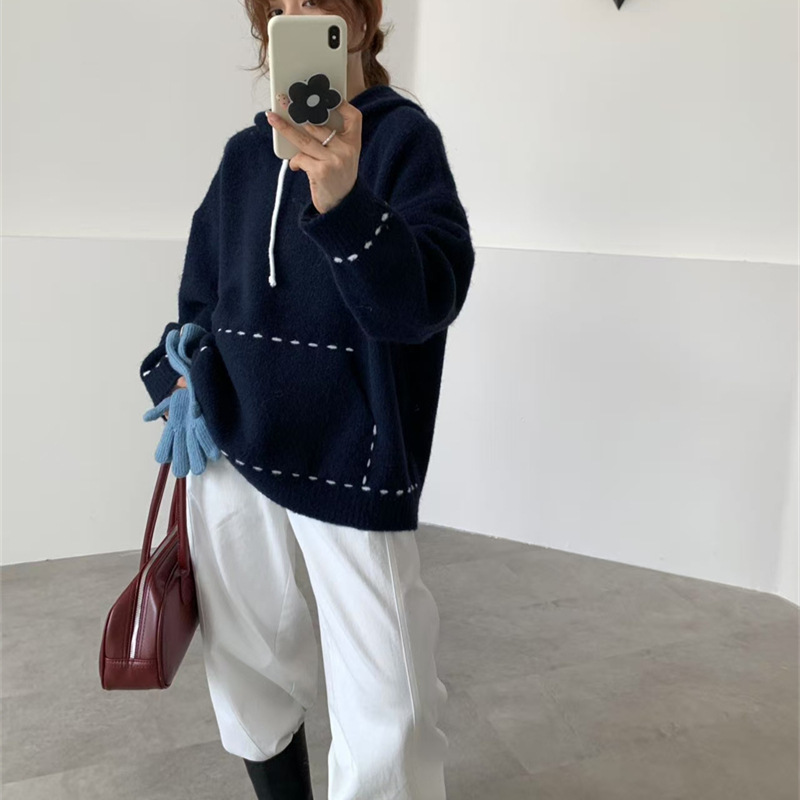 秋冬新款连帽毛衣女2025韩系宽松手工明线口袋小众慵懒风针织上衣|undefined